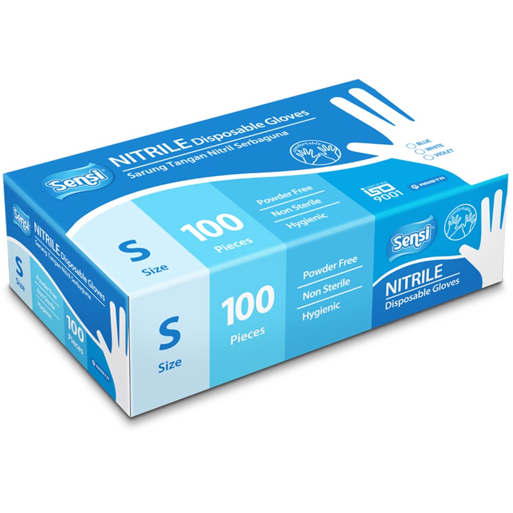 SENSI Nitrile Disposable Gloves Powder-Free 100 (Sarung Tangan Nitrile) PF-S100 Blue S 1box(100pcs)