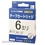 Ohm Electric 6mm P-touch compatible tape cartridge, white background with black text, 8m